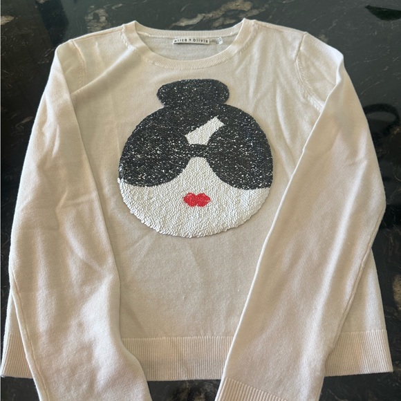 Alice + Olivia Cream Stace Face Sequin embellished stretch wool sweater - Picture 9 of 12